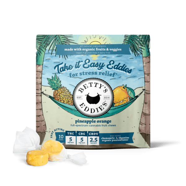 Pineapple Orange | Fruit Chews for Stress | 50mg THC: 50mg CBD: 25mg CBDV Strain | Bettys Eddies